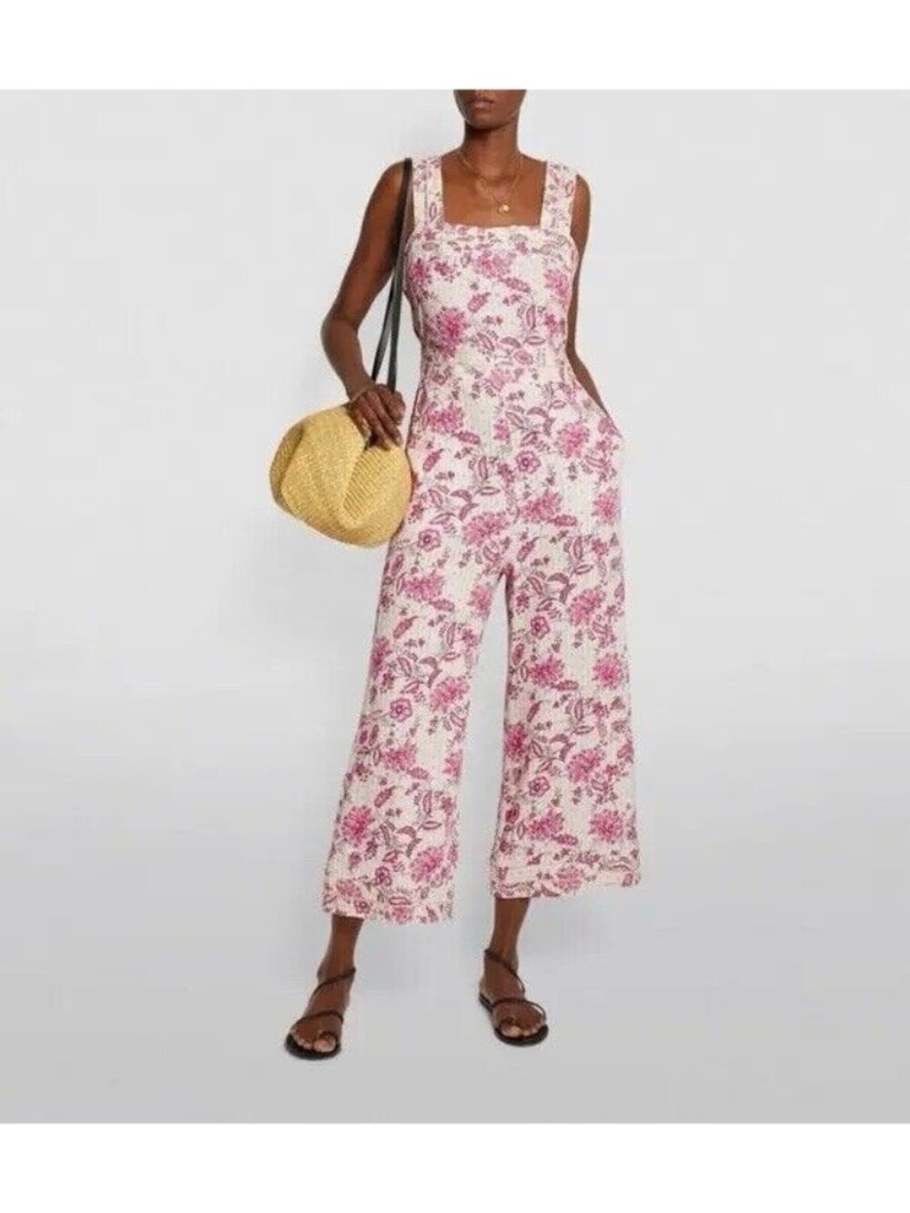 $439 MISA Los Angeles Floral Frankie Jumpsuit Designer Boho Linen Blend M READ